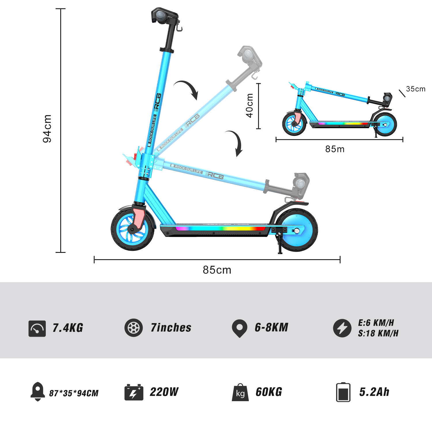 Patinete eléctrico 6-12 - 3 vel., 7" rueda, alu, plegable - RCB R12 PRO 6/7