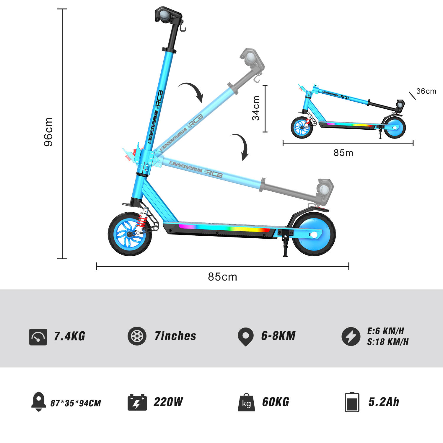Patinete infantil 3 vel., ruedas 7", suspensión plegable - RCB R12 MAX 5/7