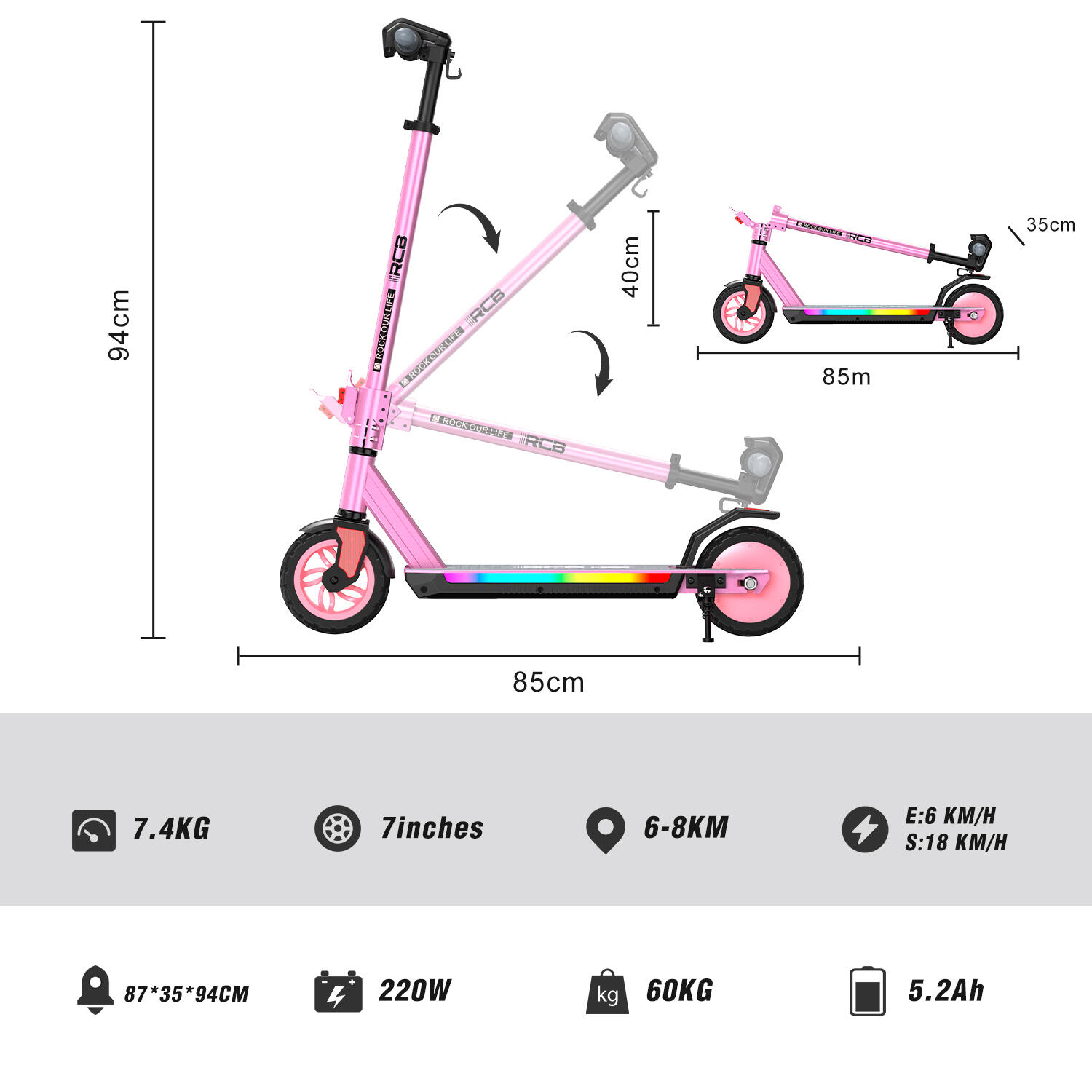 Patinete eléctrico 6-12 - 3 vel., 7" rueda, alu, plegable - RCB R12 PRO 6/7