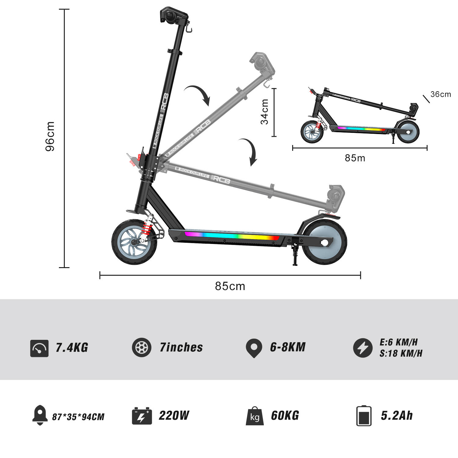 Patinete infantil 3 vel., ruedas 7", suspensión plegable - RCB R12 MAX 5/7