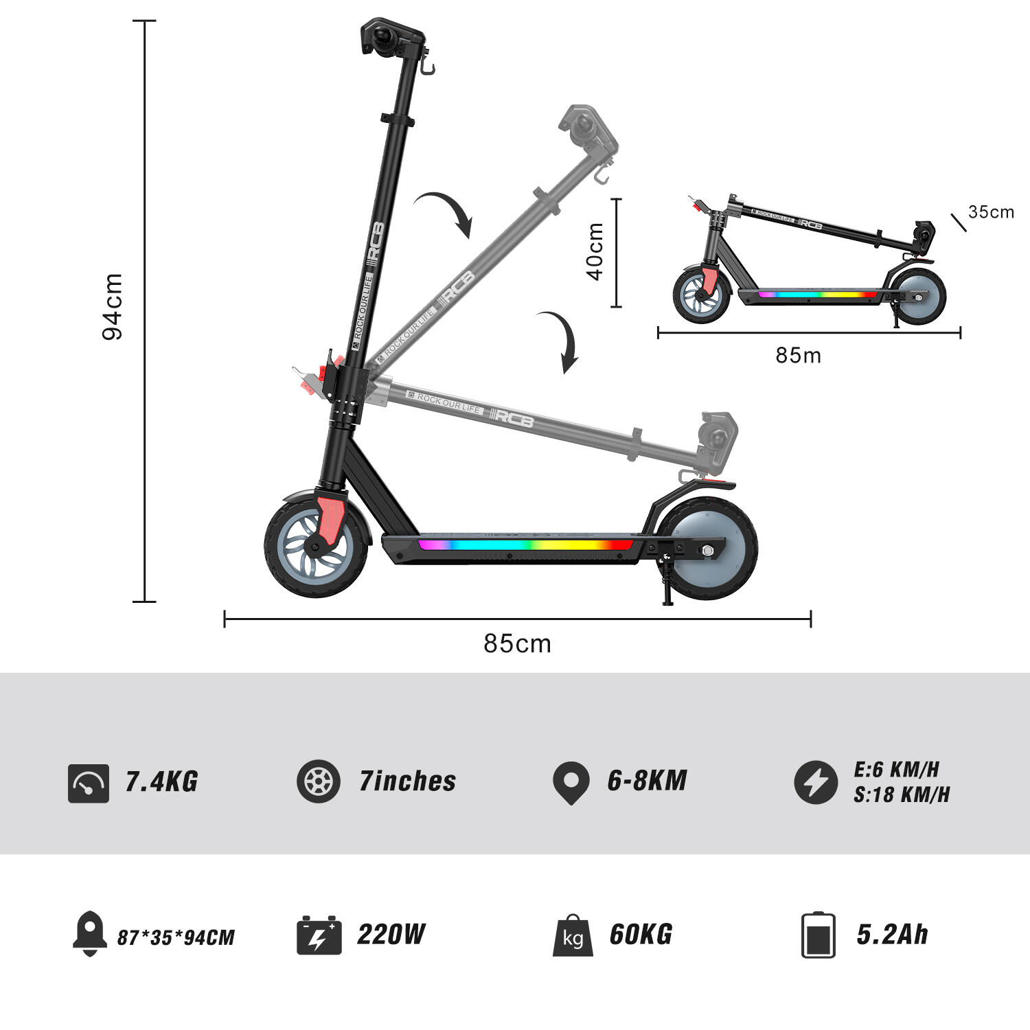 Patinete eléctrico 6-12 - 3 vel., 7" rueda, alu, plegable - RCB R12 PRO 6/7