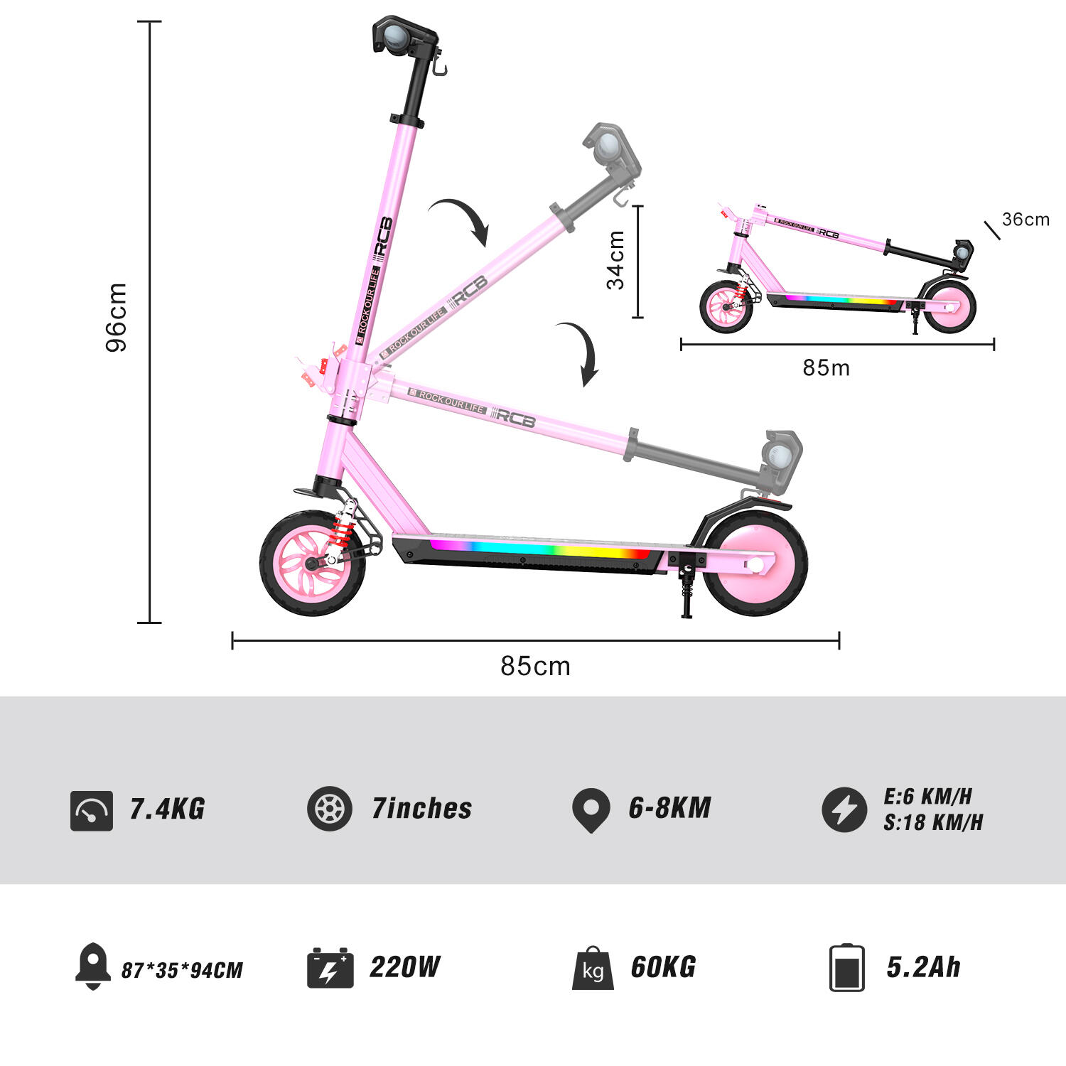 Patinete infantil 3 vel., ruedas 7", suspensión plegable - RCB R12 MAX 6/7