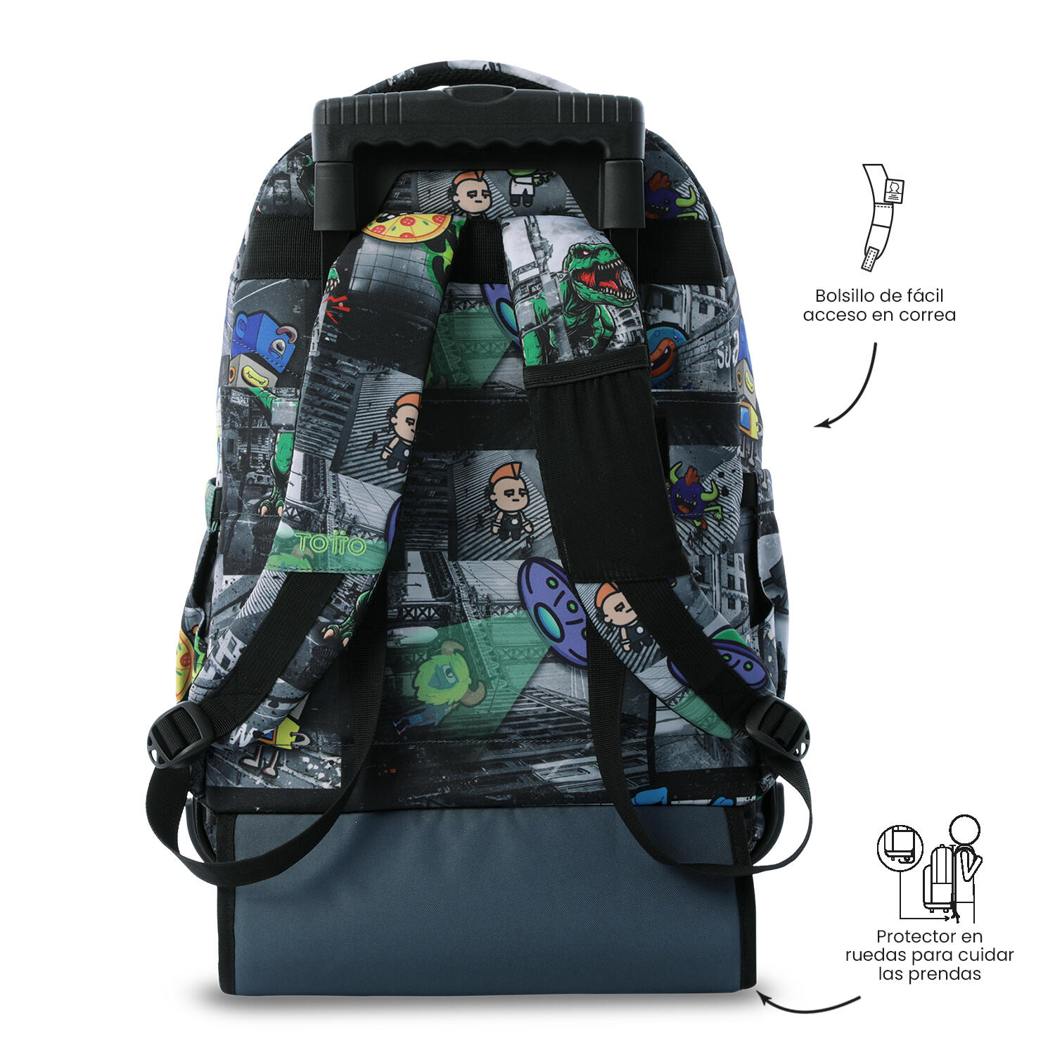 Totto Mochila escolar ruedas Renglones Invasión galáctica Poliéster reciclado 3 4/5