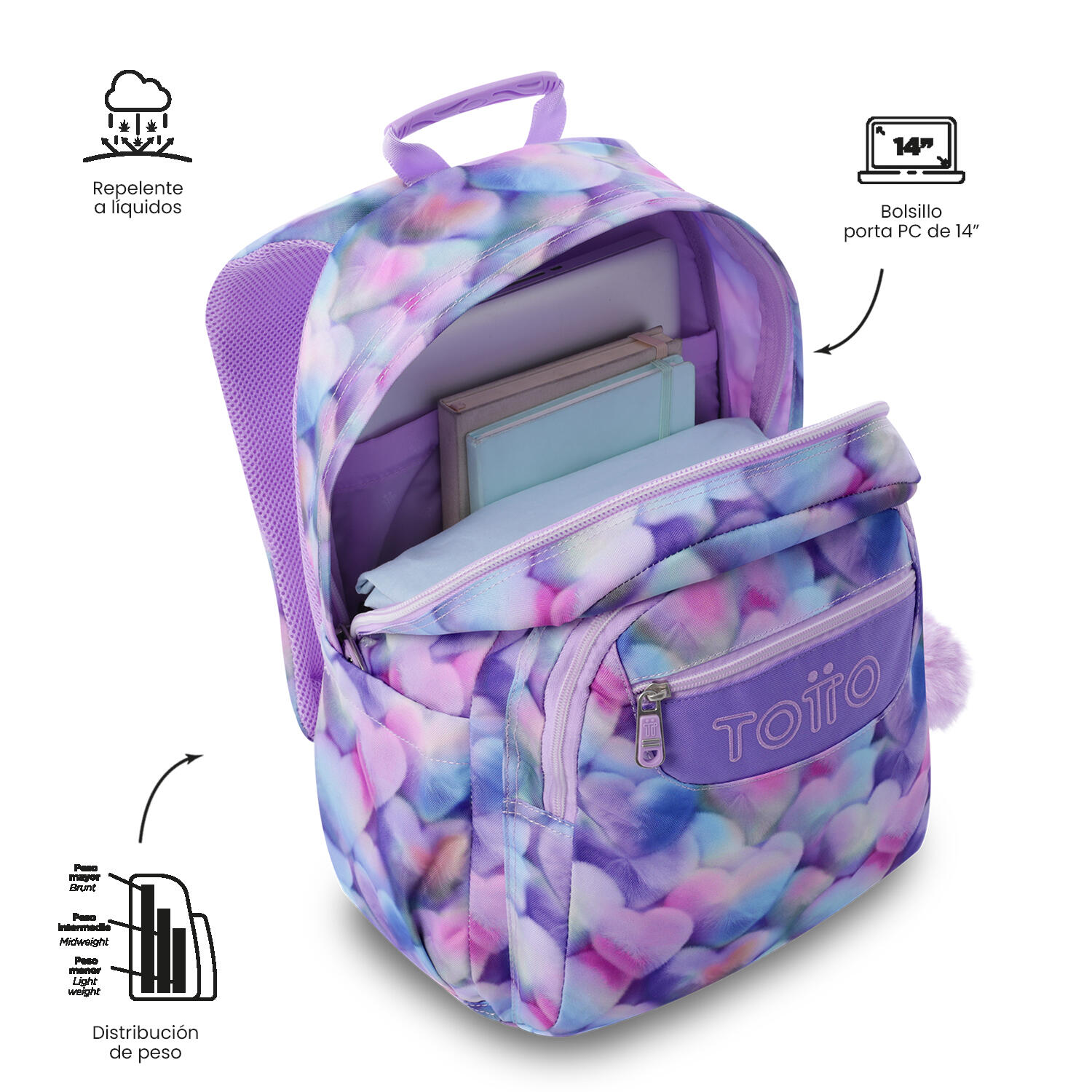 Totto Mochila escolar Acuareles Corazones Poliéster reciclado 33 x44 x 14 cm 5/5