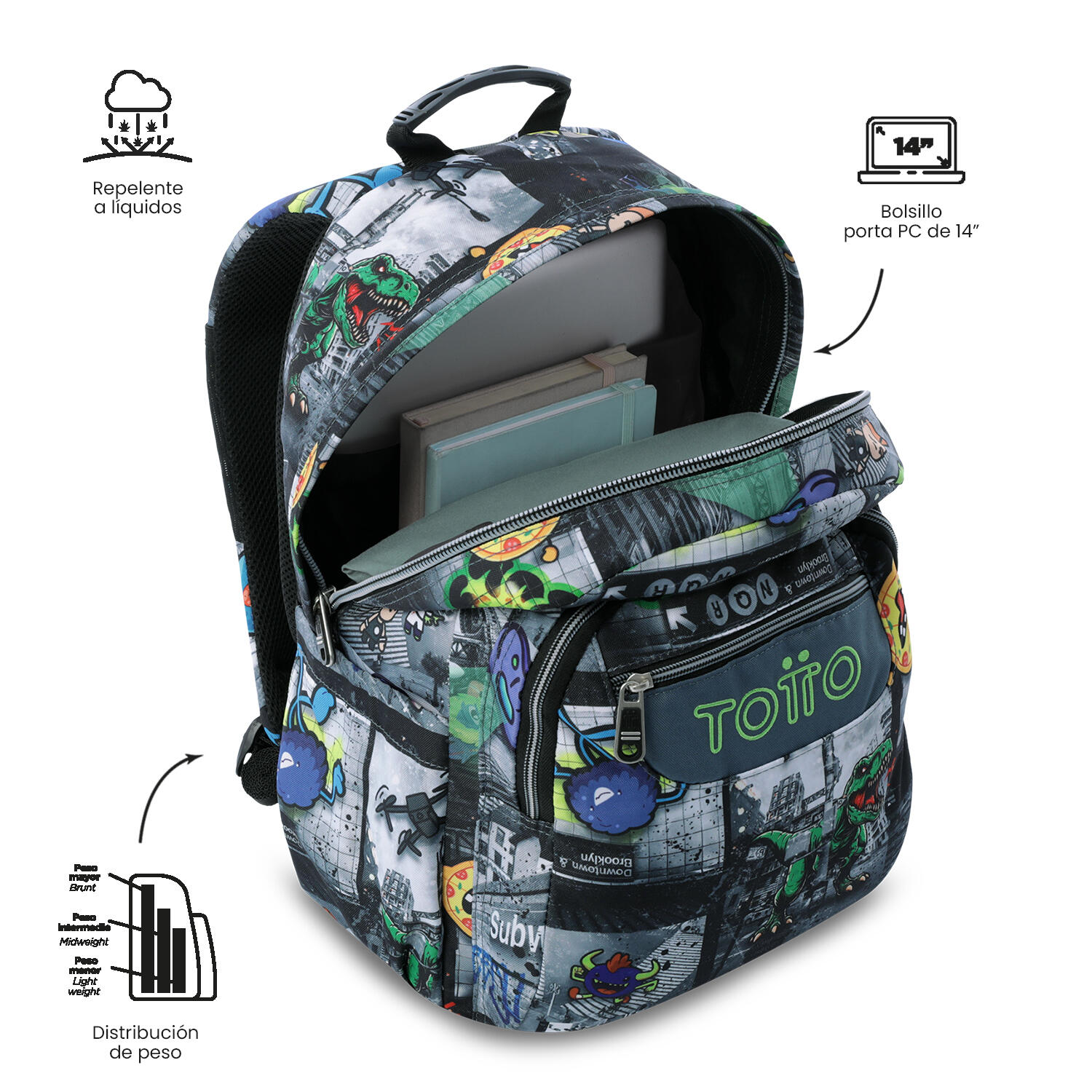 Totto Mochila escolar Acuareles Invasión galáctica Poliéster reciclado 33 x44 x 5/5