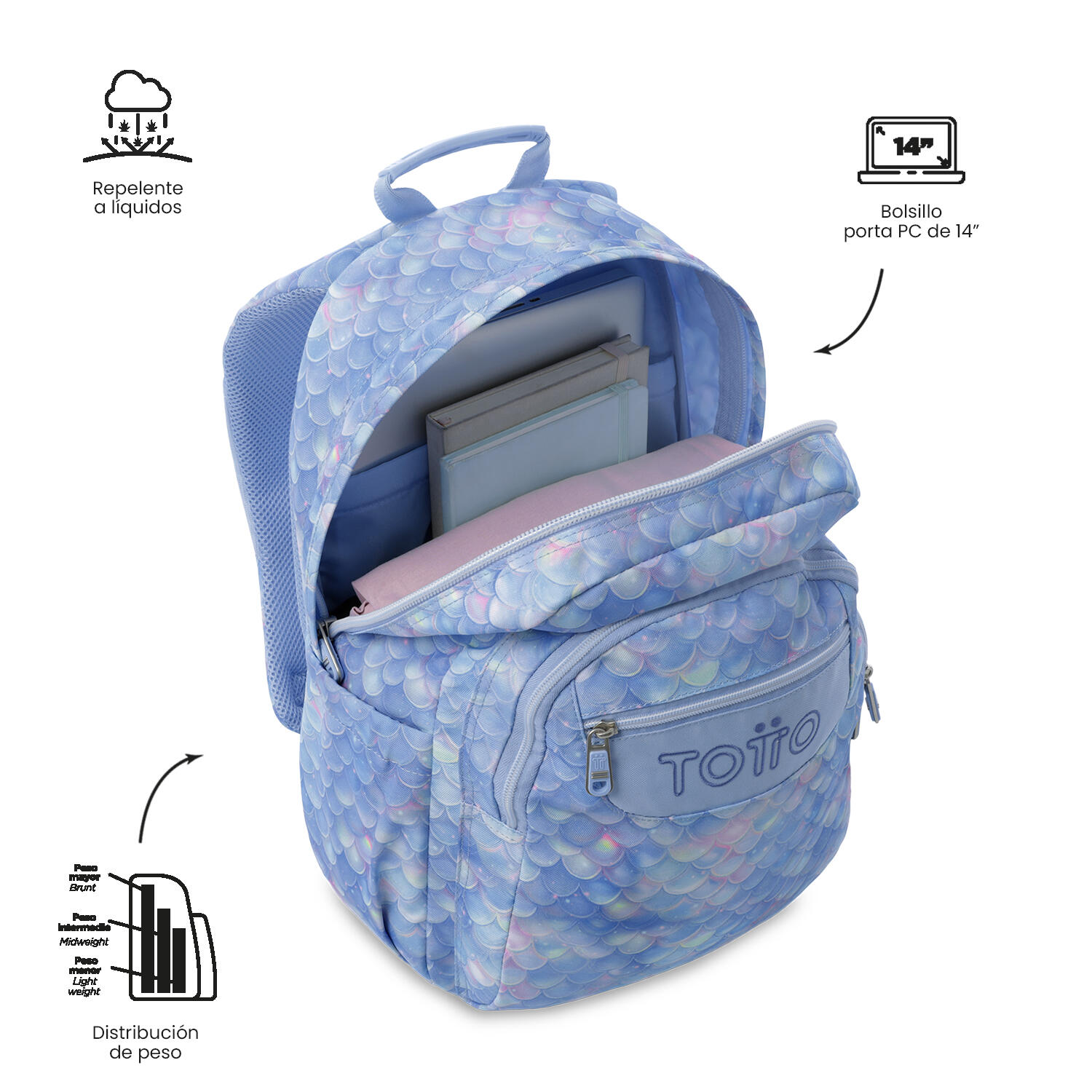 Totto Mochila escolar Acuareles Escamas Poliéster reciclado 33 x44 x 14 cm 5/5