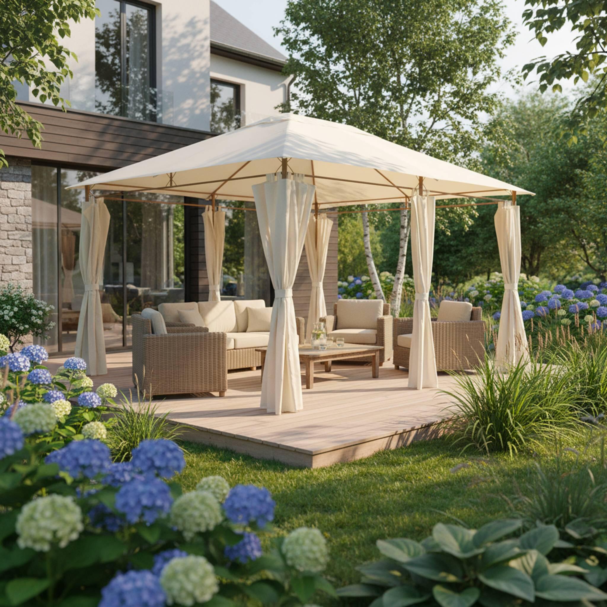 Gazebo de jardín 3x4m con cortinas , Crudo 2/5