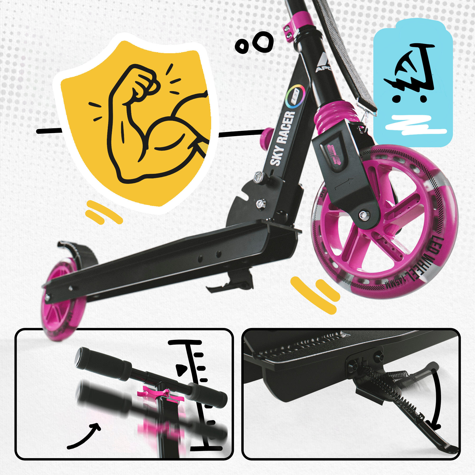Apollo SkyRacer Scooter 145 mm con suspensión ruedas LED plegable 2/7