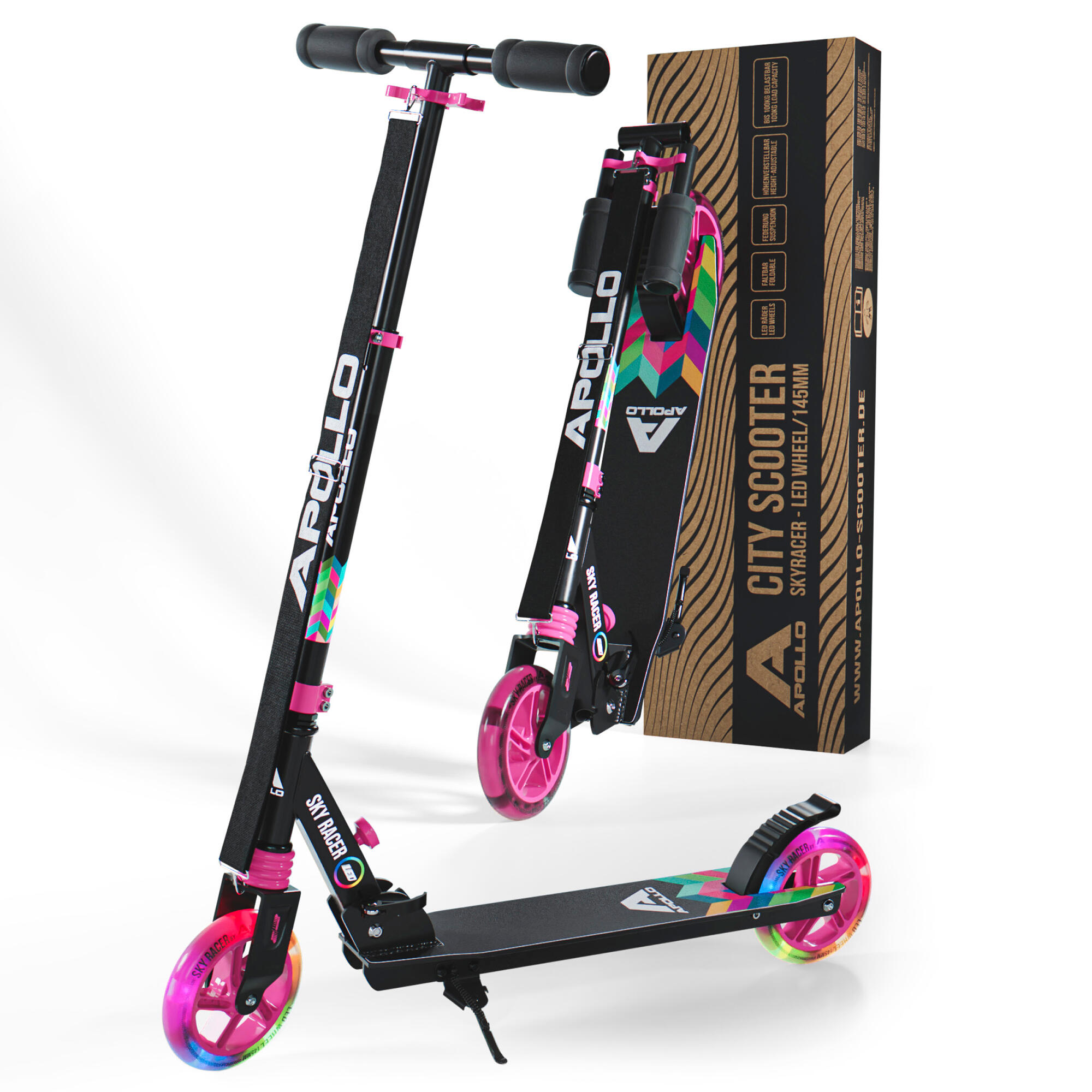 Apollo Scooter LED Skyracer Met Wielen 145 Mm City Vering Step Opvouwbaar En In Hoogte Verstelbaar Voor Kinderen Tieners 2872784250