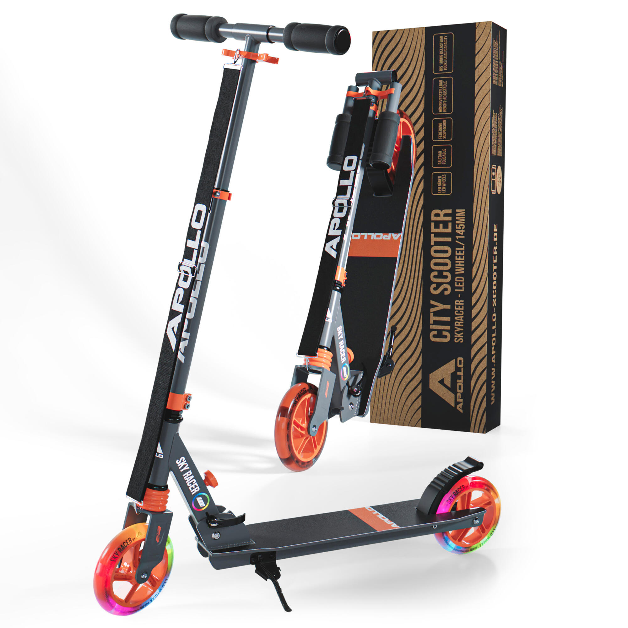 Apollo - Apollo Skyracer Trottinette 145 Mm À Suspension Led Pliable - Trottinette - Noir|orange - Taille Unique - Decathlon