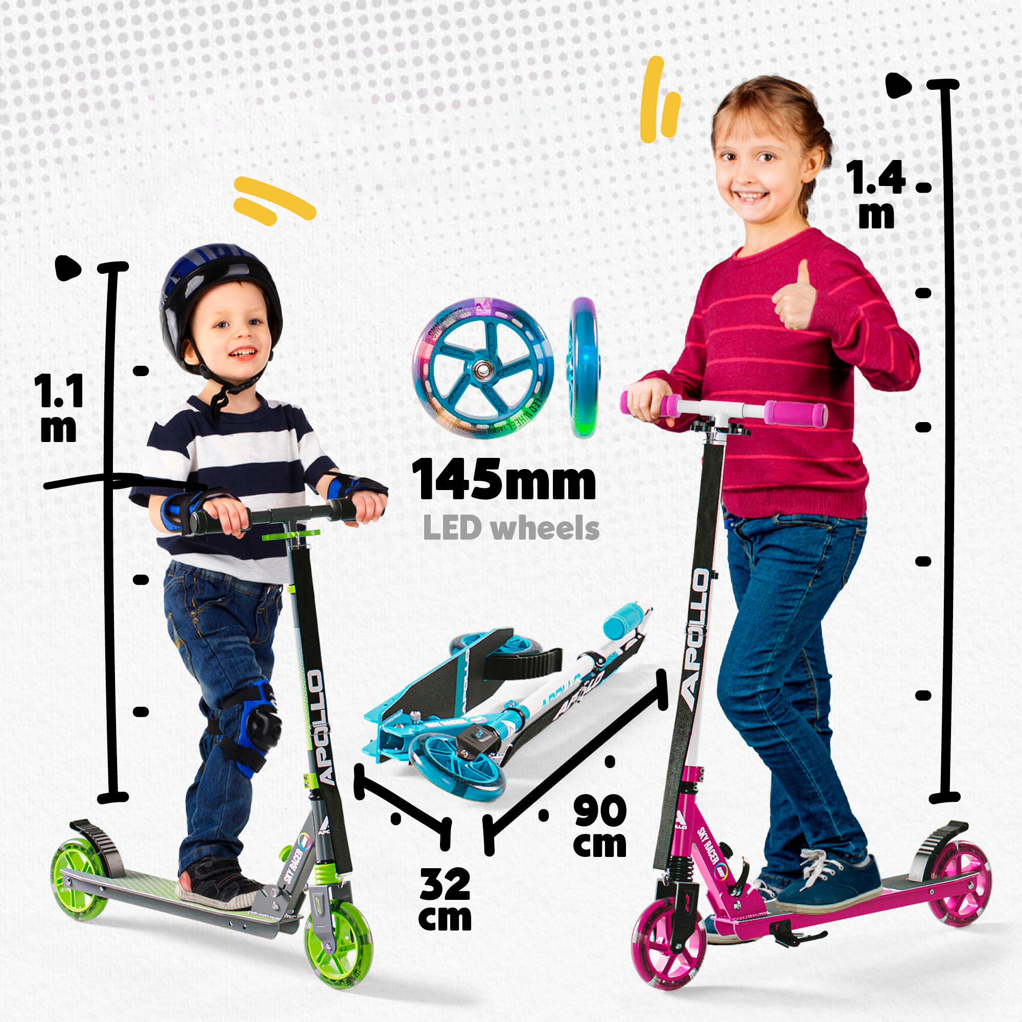 Apollo SkyRacer Scooter 145 mm con suspensión ruedas LED plegable 6/7