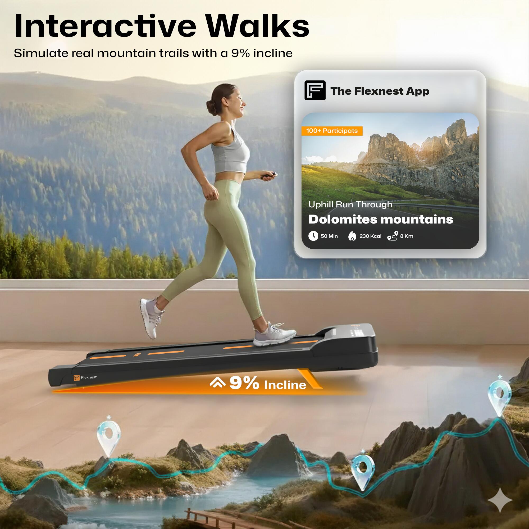 Flexnest Flexpad EZ 3HP Walking Pad & Treadmill for Home Use | Compact, Ultra-Slim, Ready to Use | Shock Absorption | LED Display | 9% Incline |100 Kg Capacity - Black