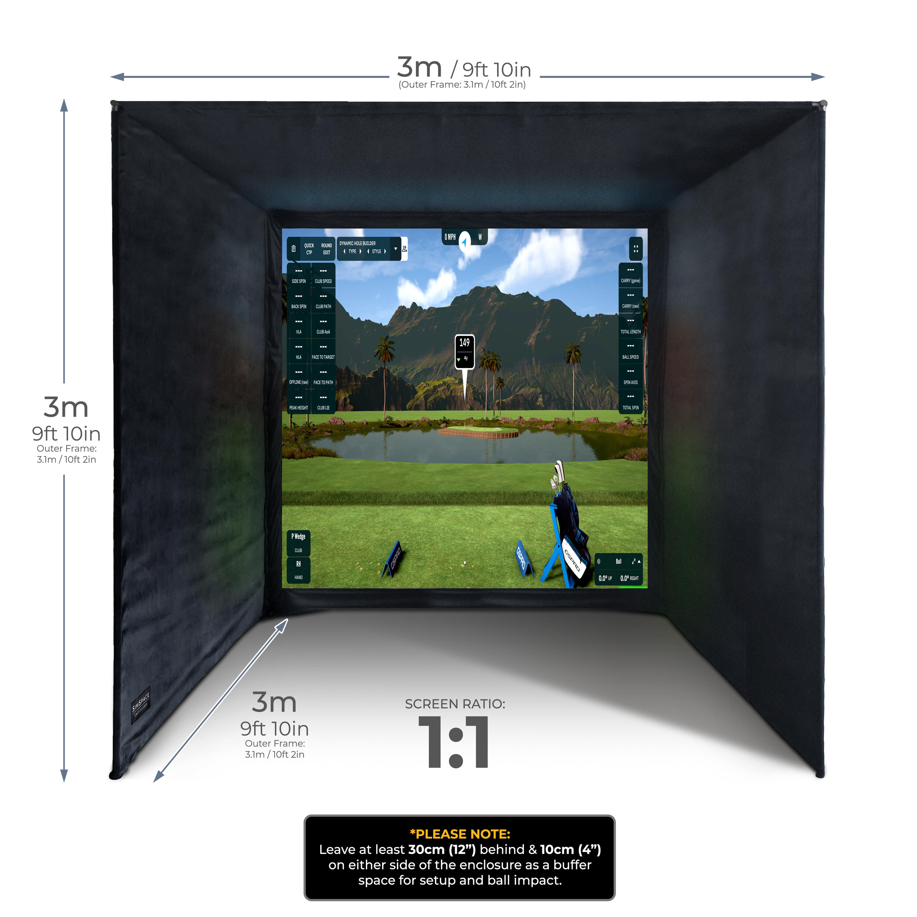 Golfsimulatorbehuizing met impactscherm 3 x 3 x 3 m 2/7