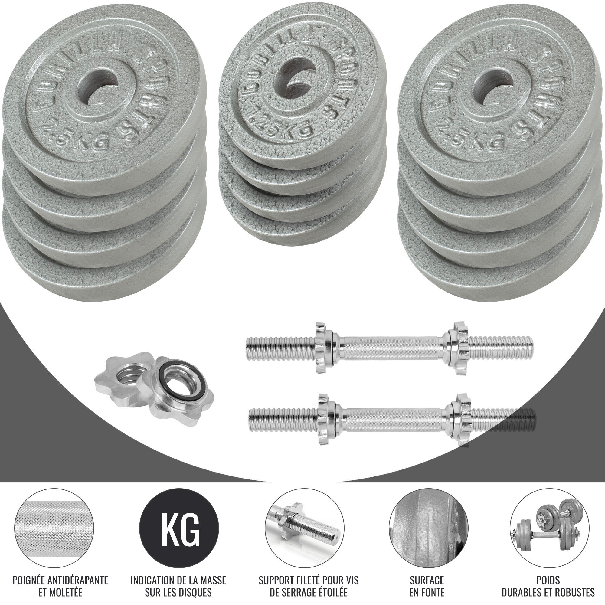 KIT D'HALTERES COURTS 27.5 KG POIDS EN FONTE AVEC VIS | MUSCULATION | COULEUR GR 2/6