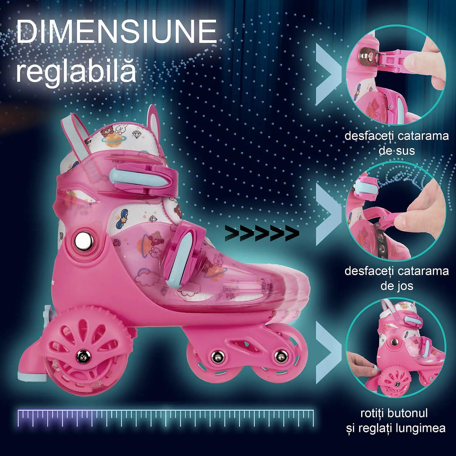 Role reglabile Incepatori, roti luminoase, marimea S (31-34), roz 3/7