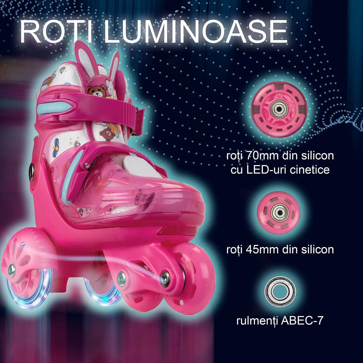 Role reglabile Incepatori, roti luminoase, marimea S (31-34), roz 2/7