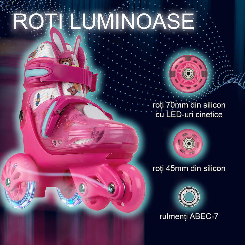 Role reglabile Incepatori, roti luminoase, marimea S (31-34), roz