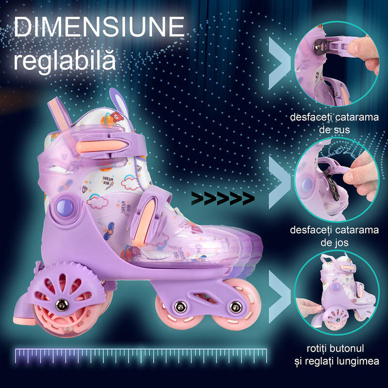 Role reglabile Incepatori, roti luminoase, marimea S (31-34), lila