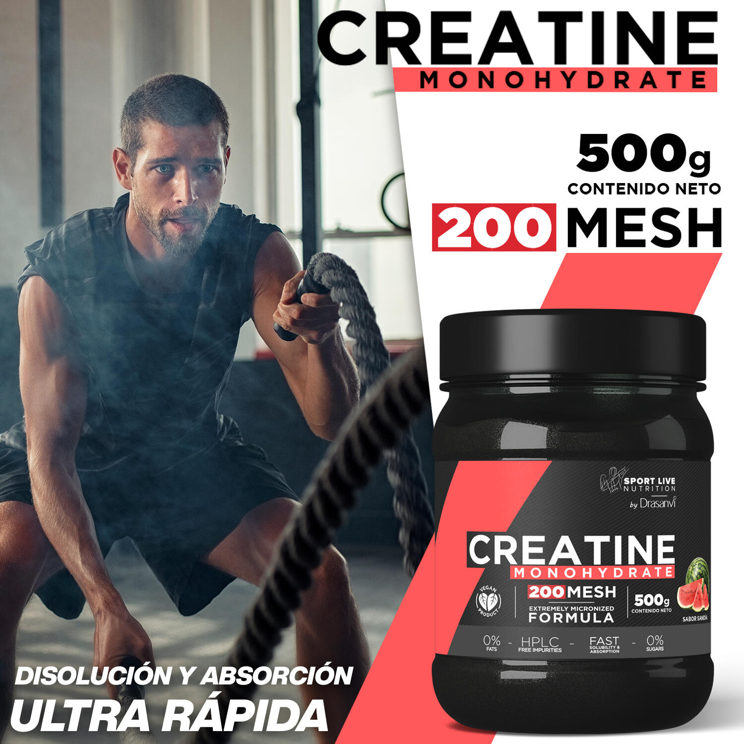 Creatina Monohidrato 200 MESH 500 g Sandía – Sport Live Drasanvi 3/6