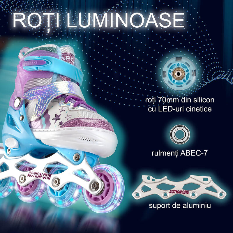 Role reglabile Little Mermaid, roti luminoase, sina aluminiu, S (31-34), purple