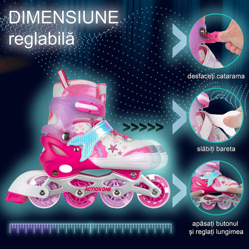 Role reglabile Little Mermaid, roti luminoase, sina aluminiu, M (35-38), roz