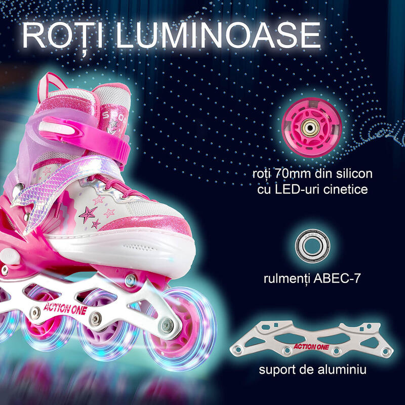 Role reglabile Little Mermaid, roti luminoase, sina aluminiu, S (31-34), roz