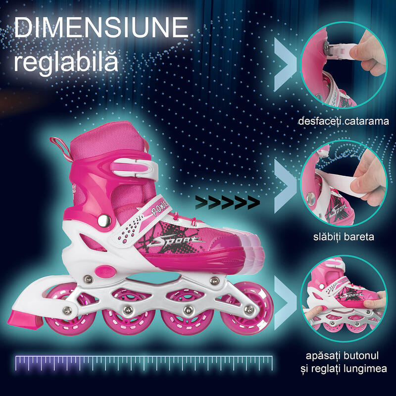Role reglabile Power Sport, roti luminoase silicon, sina aluminiu, M(35-38), roz