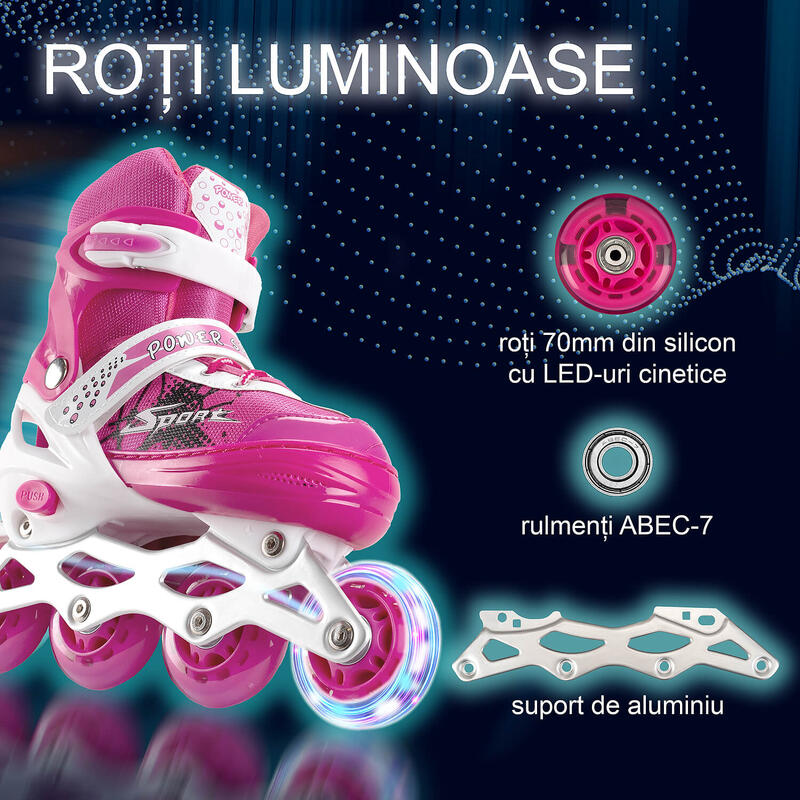 Role reglabile Power Sport, roti luminoase silicon, sina aluminiu, M(35-38), roz