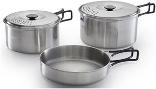 Stainless Steel Camping Cookware Set – Durable, Easy-Pack Pots & Pans with Silicone Handles for Outdoor Cooking