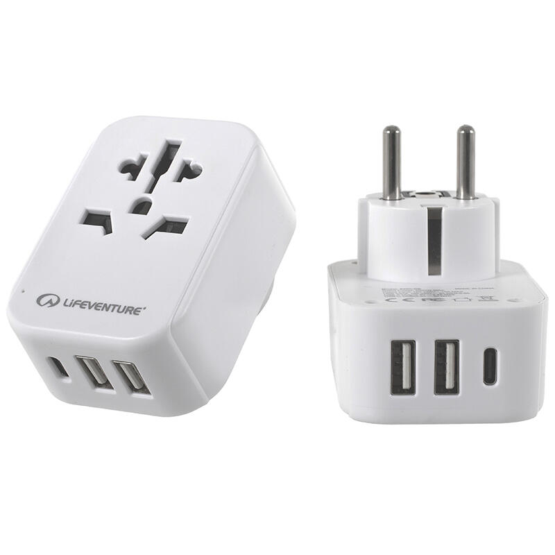 Adaptateur voyage LifeVenture World Europe blanc 2x USB-A 1x USB-C 110-250V 1/1