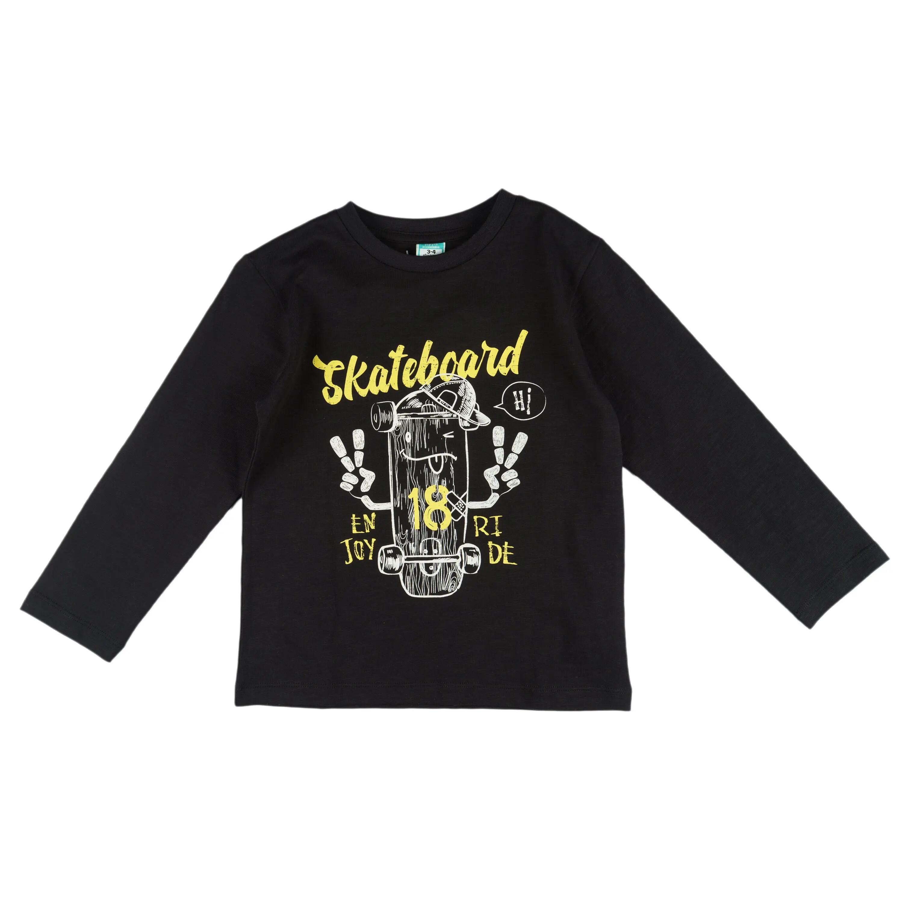 Camiseta preta de manga comprida para meninos, estilo skate 3/4
