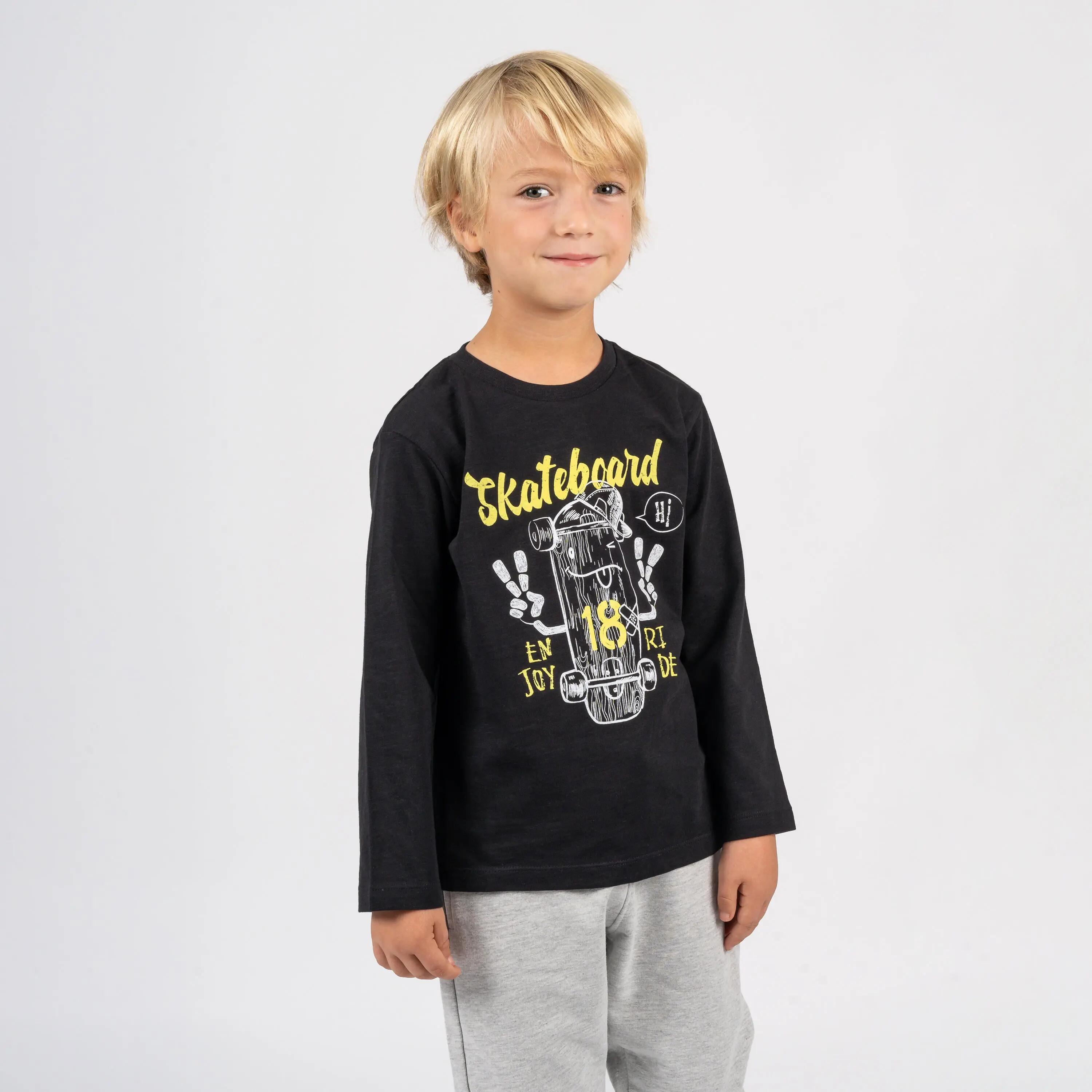Camiseta preta de manga comprida para meninos, estilo skate 1/4