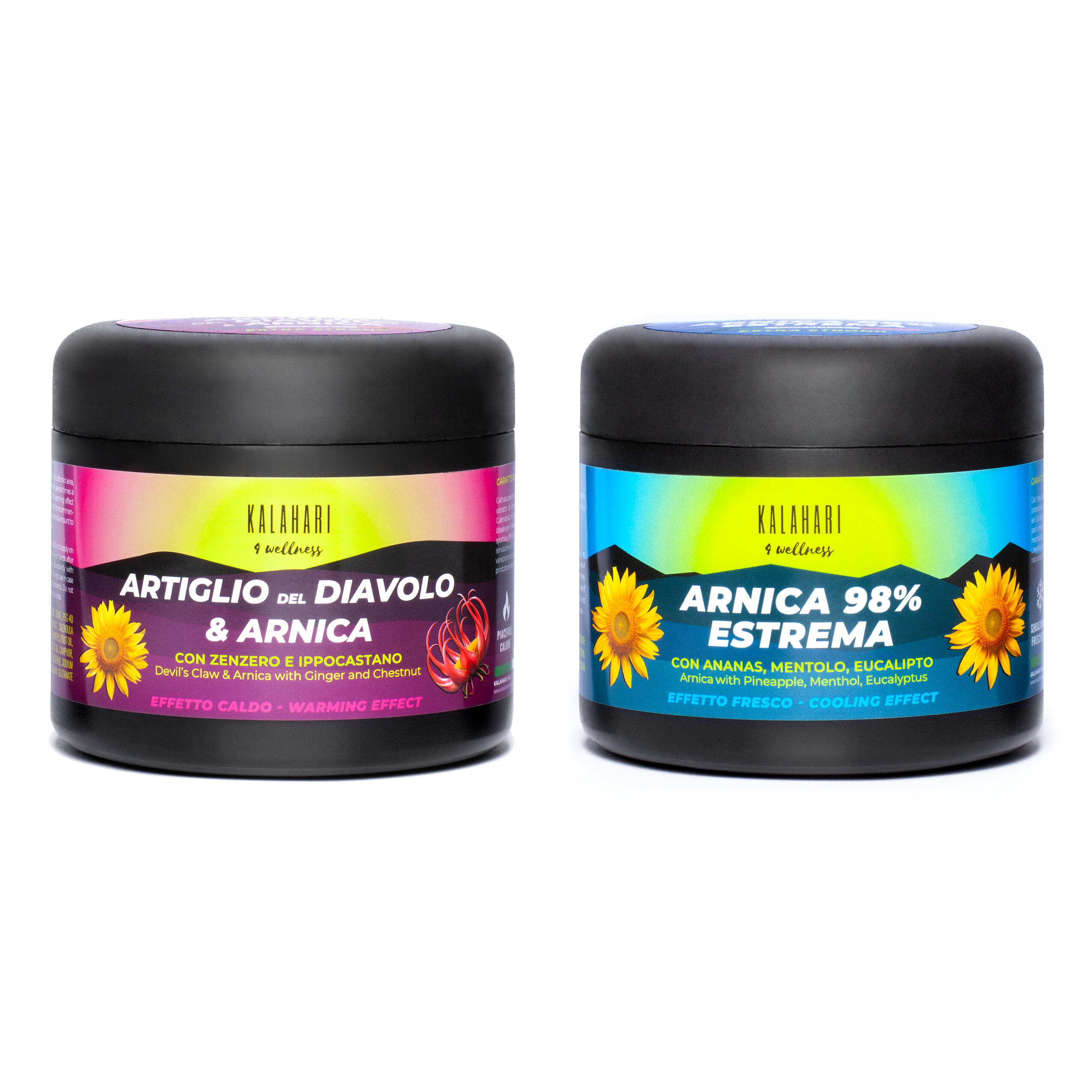 KALAHARI 4 WELLNESS Kit effetto Caldo + Freddo, Arnica Gel 98% + Artiglio del Diavolo, Extra forte