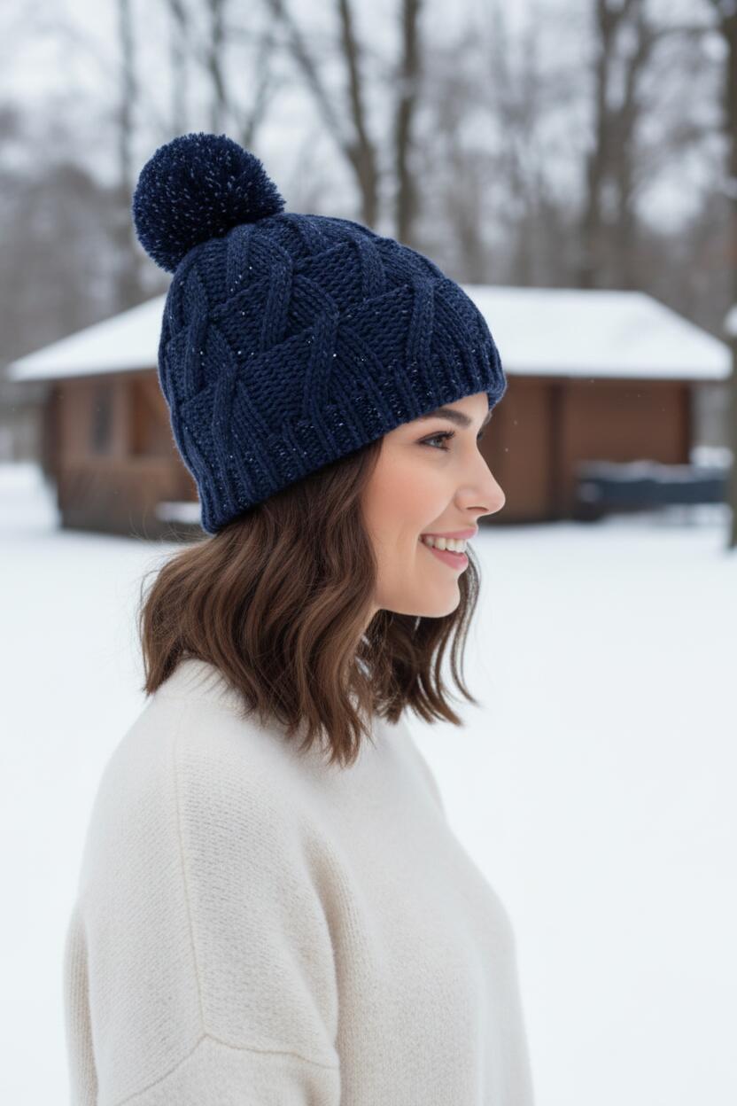 Strick Mütze Blau  Braies-Hat Beanie - Wintermütze mit Pompon Pudelmütze 2/4