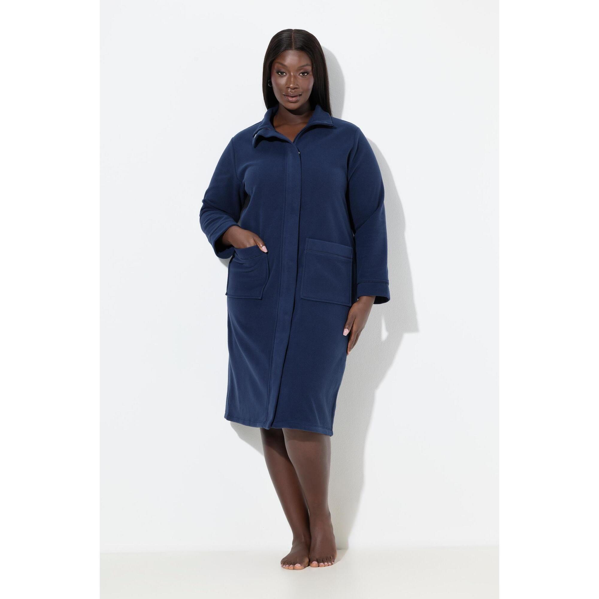 Ulla Popken - Femme Peignoir En Polaire Fermeture À Glissière Et Col Montant - Peignoir De Bain - Bleu - Decathlon