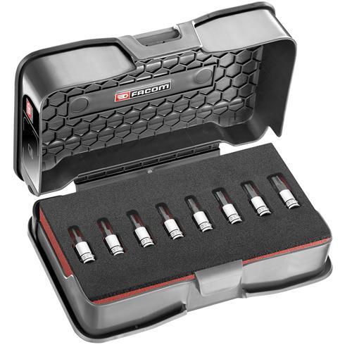 Facom 8-Piece Damaged Hex Socket Set 2–8 mm, 1/4" Drive, Hardened Steel.