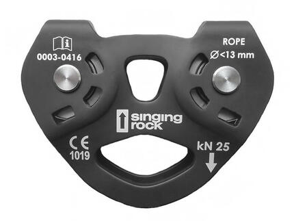 Poulie tandem Singing Rock duralumin inox 25 kN pour câbles textiles et acier