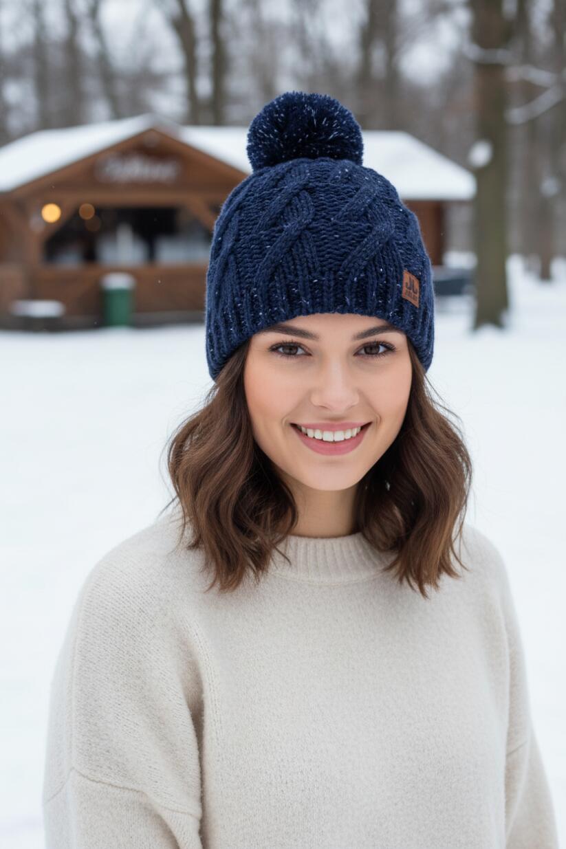 Strick Mütze Blau  Braies-Hat Beanie - Wintermütze mit Pompon Pudelmütze 3/4