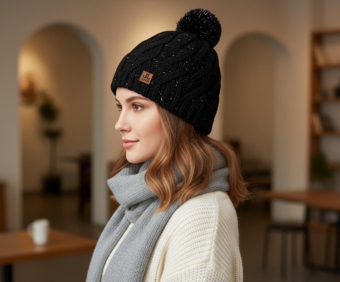 Pudelmütze Strick Mütze Braies Hat schwarz Beanie - Wintermütze mit Pompon 3/5