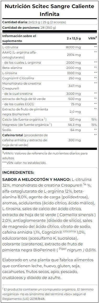 Hot Blood Infinity - 350g Mango Melocoton Scitec Nutrition 3/4