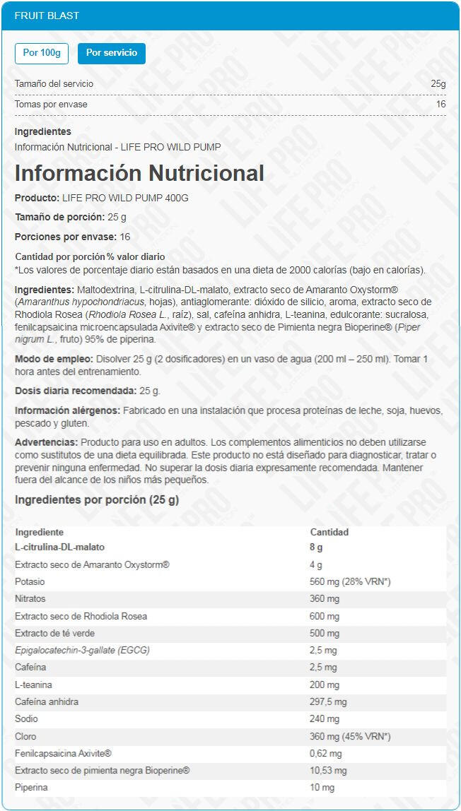 Bebida pre-entrenamiento Life Pro Wild Pump 400g 4/5