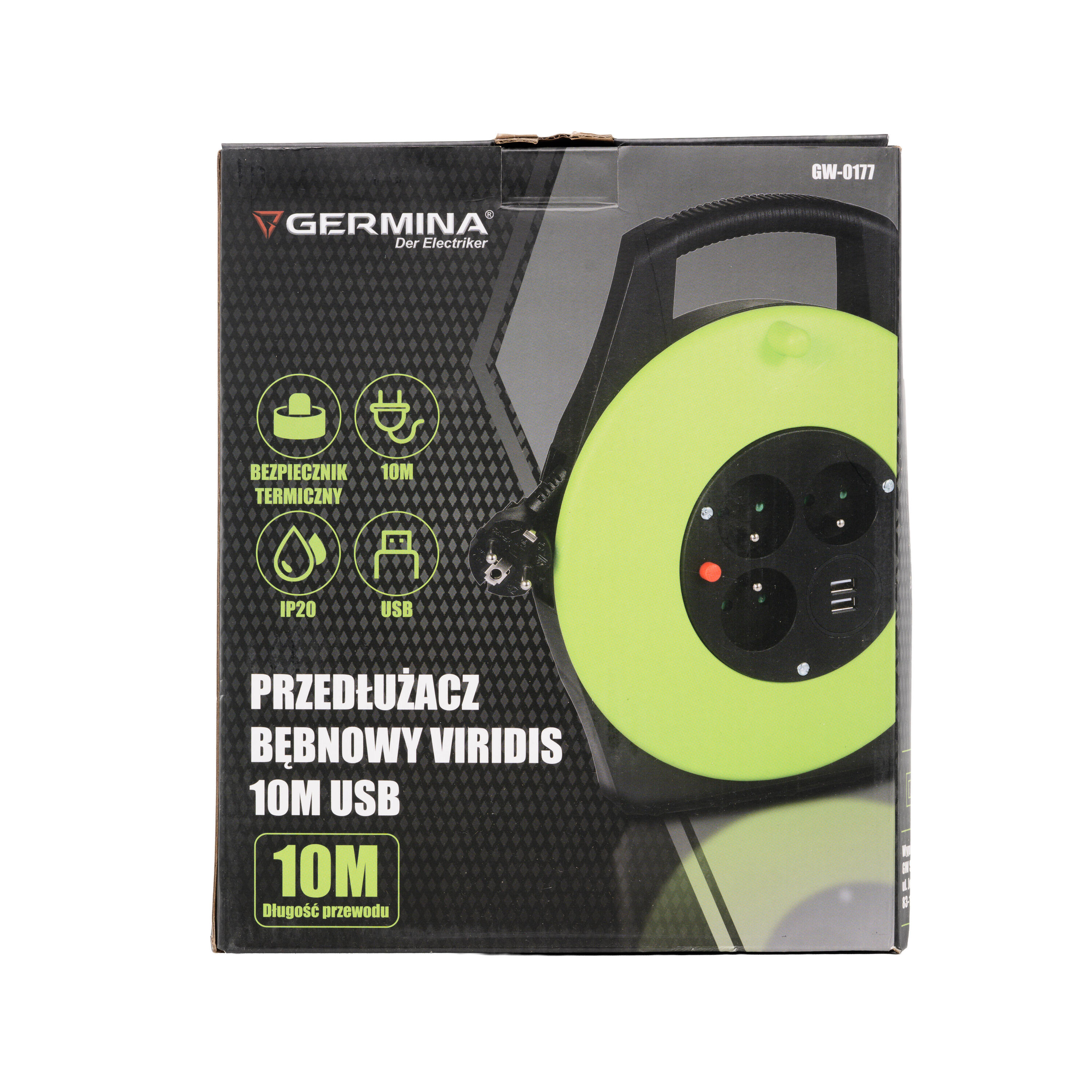 Przedłużacz bębnowy Germina 10m 3x1,5mm2 3gn Z/0 + USB 16A IP20 1szt 2/6