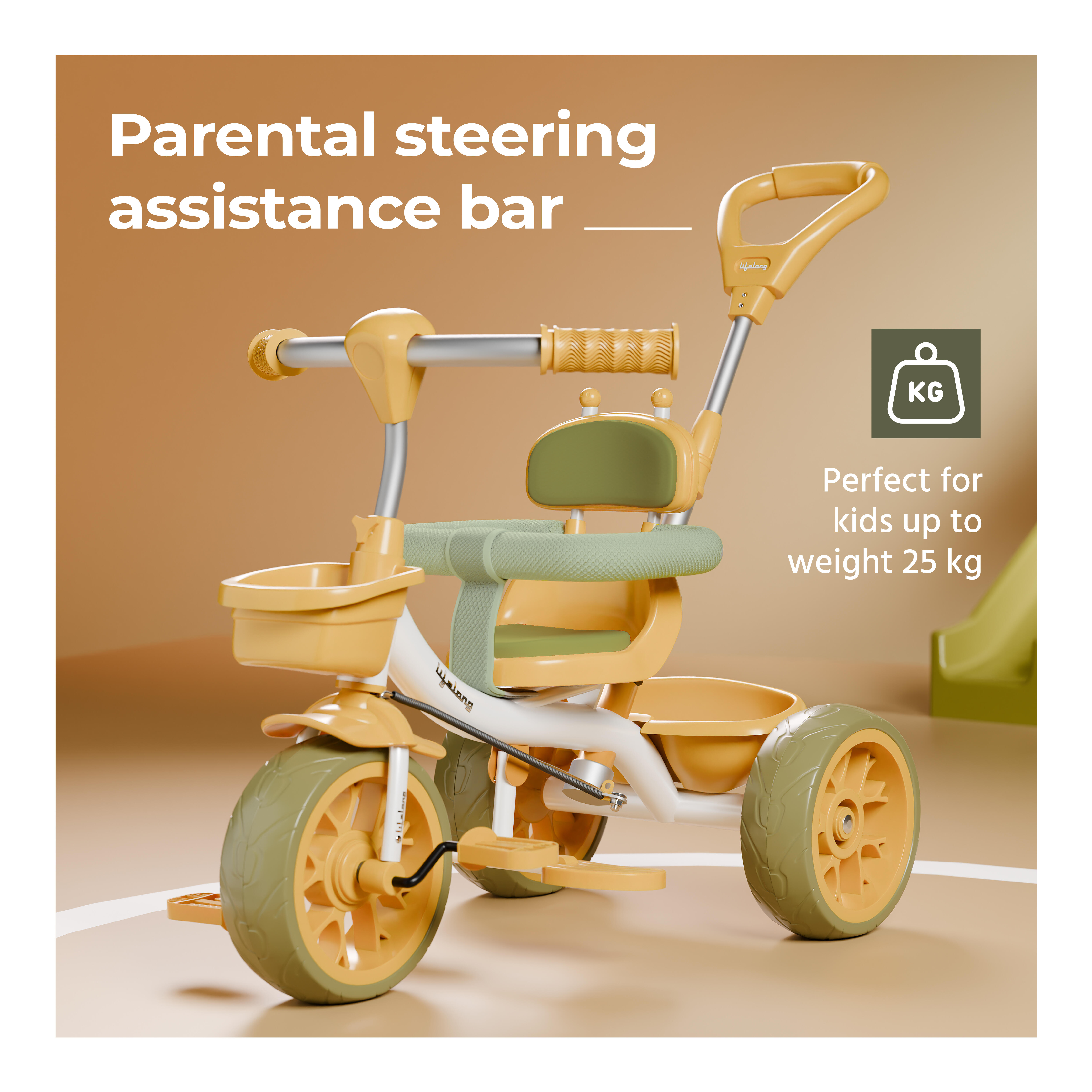 Lifelong Kids Harness Parental Control Tricycle with EVA wheels , Bell & Storage Basket|Baby Trike|Age Group 1 Years to 4 Years Carrying Capacity upto 25 kgs, White/Yellow