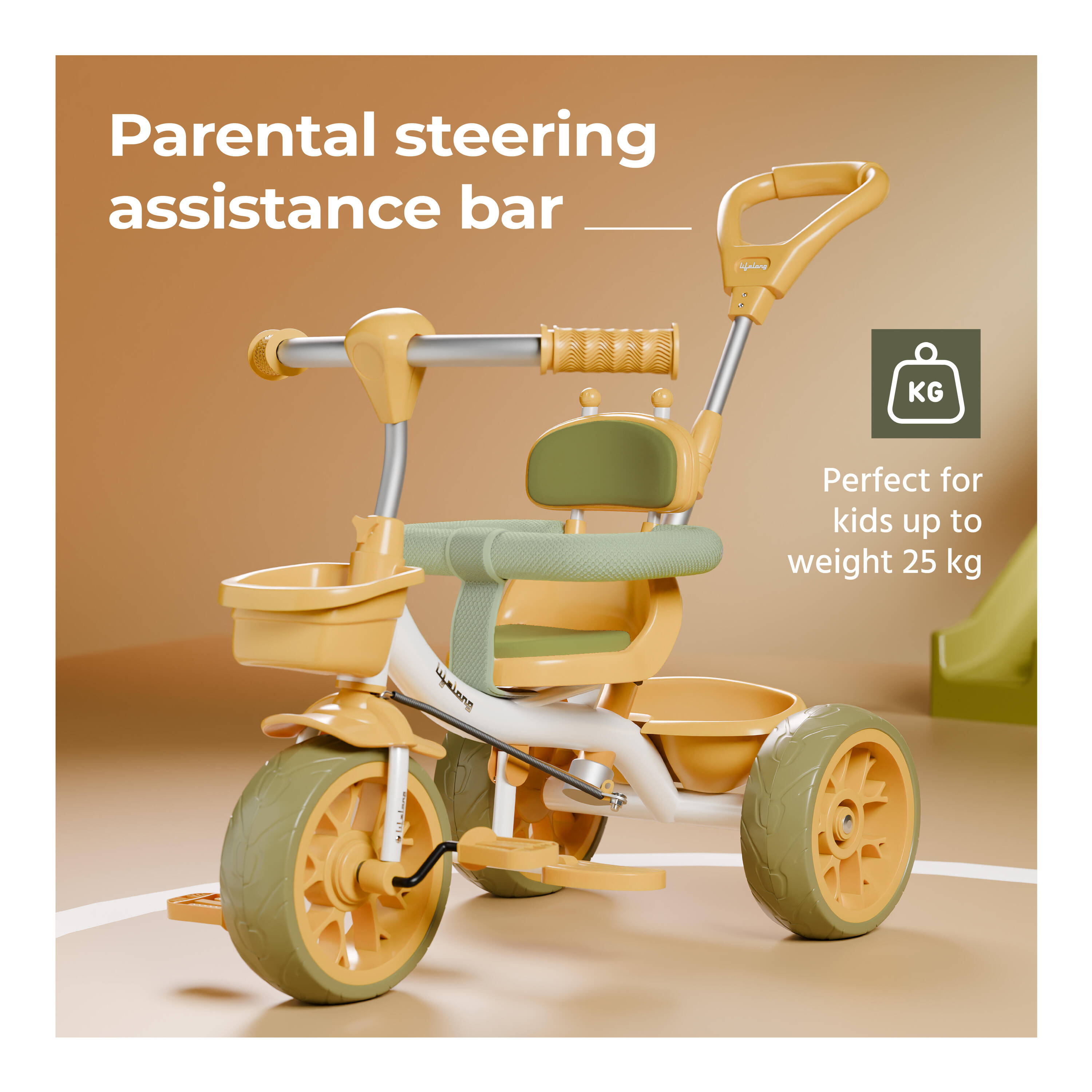 Lifelong Kids Harness Parental Control Tricycle with EVA wheels , Bell & Storage Basket|Baby Trike|Age Group 1 Years to 4 Years Carrying Capacity upto 25 kgs, White/Yellow -  4