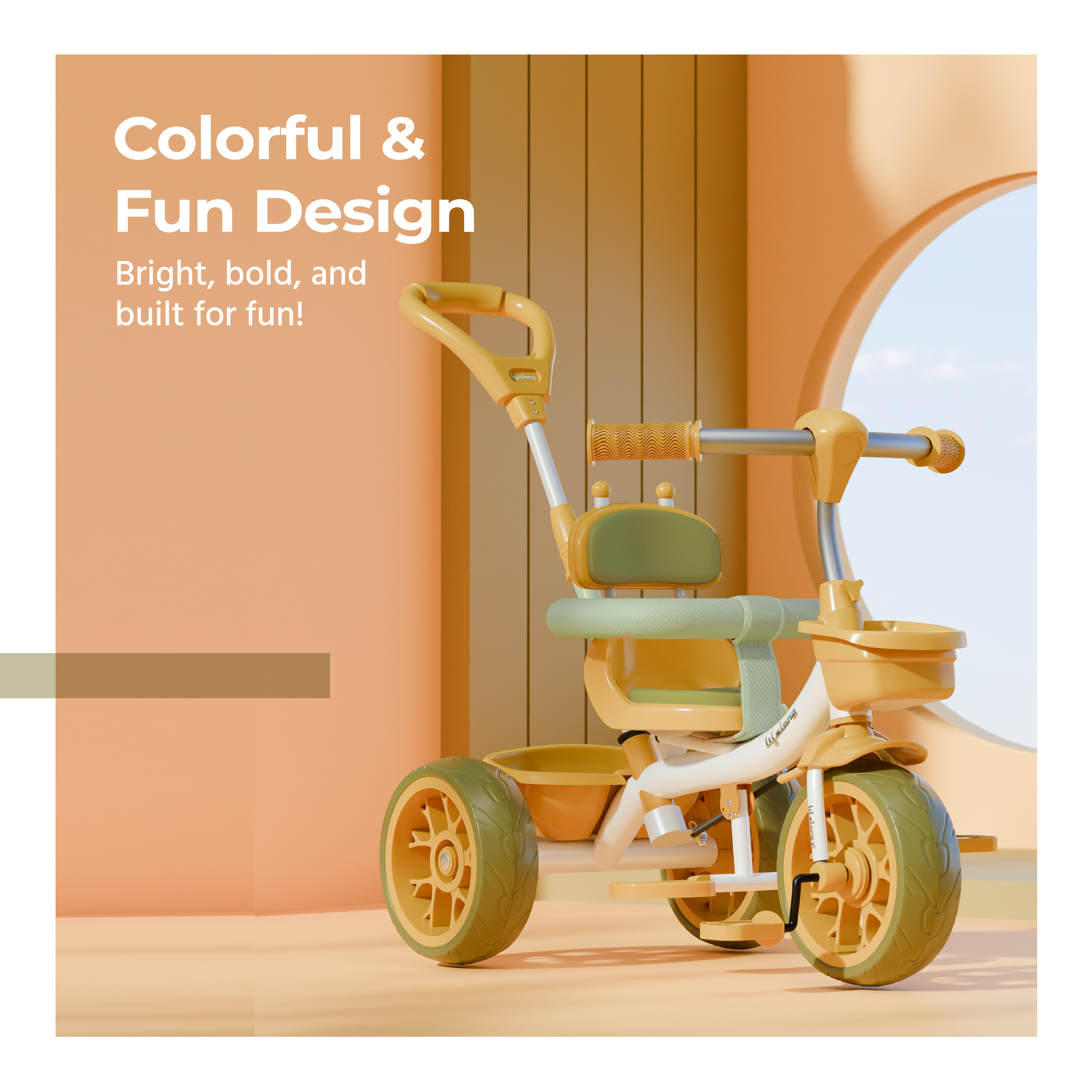 Lifelong Kids Harness Parental Control Tricycle with EVA wheels , Bell & Storage Basket|Baby Trike|Age Group 1 Years to 4 Years Carrying Capacity upto 25 kgs, White/Yellow