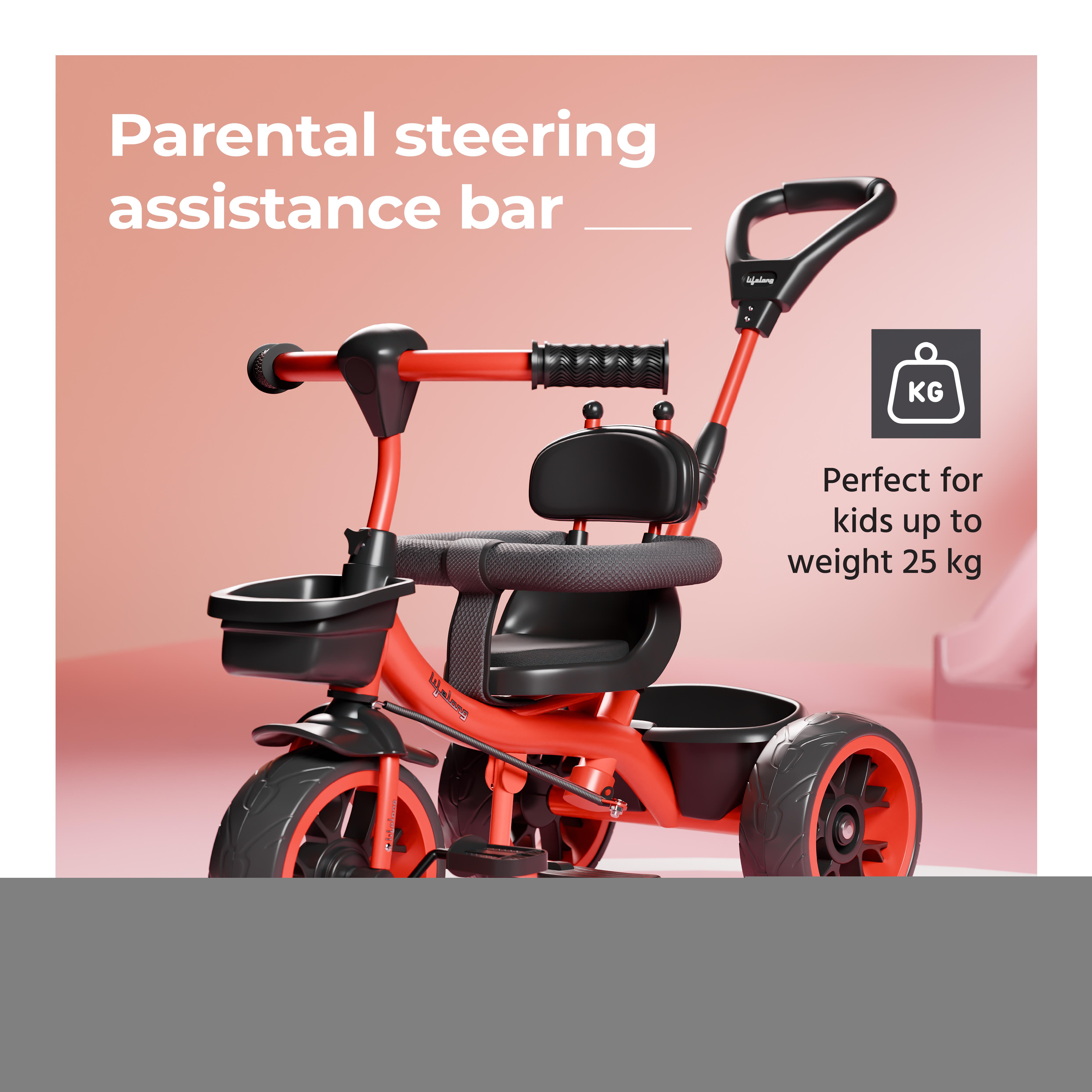 Lifelong Kids Harness Parental Control Tricycle with EVA wheels , Bell & Storage Basket|Baby Trike|Age Group 1 Years to 4 Years Carrying Capacity upto 25 kgs, Red/Black