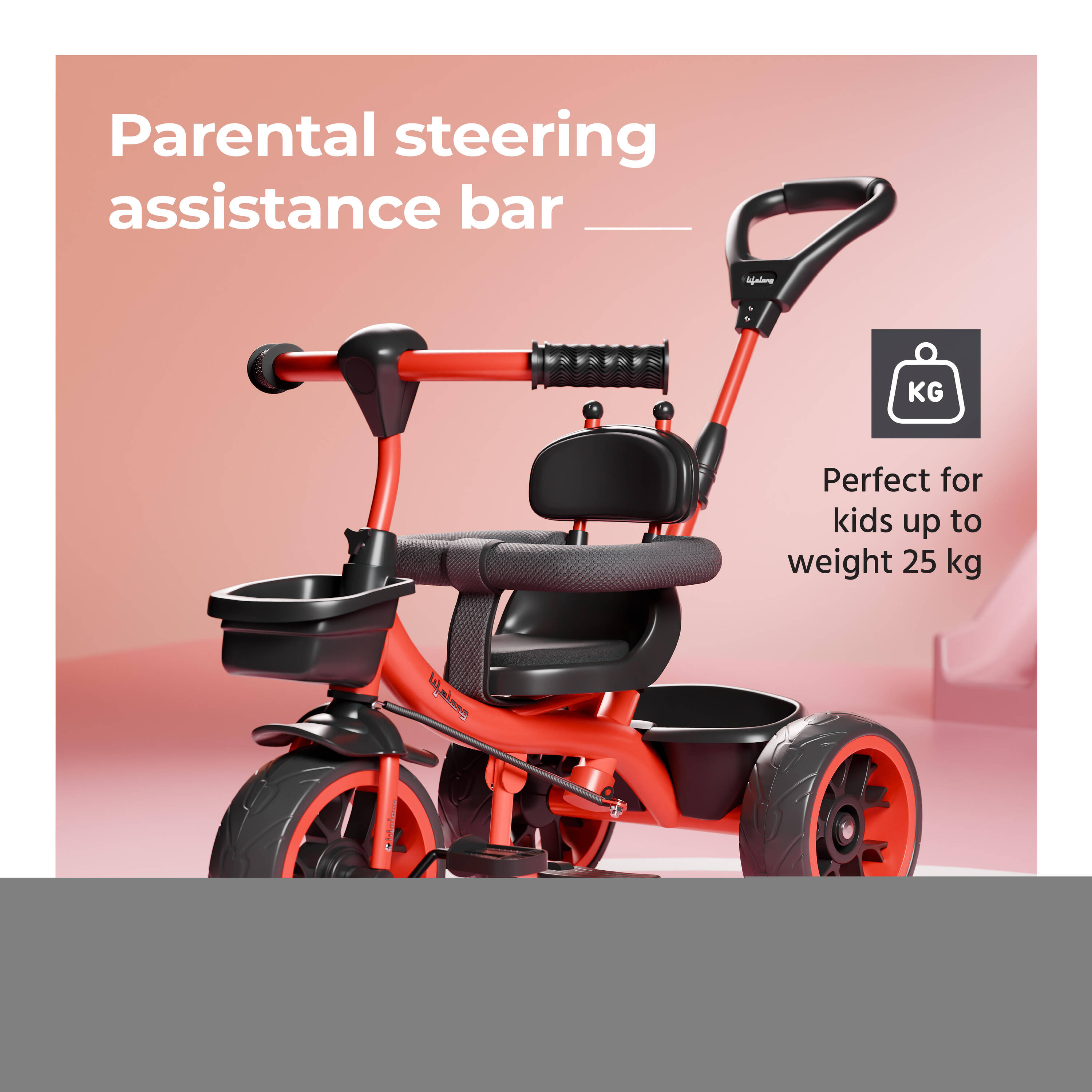 Lifelong Kids Harness Parental Control Tricycle with EVA wheels , Bell & Storage Basket|Baby Trike|Age Group 1 Years to 4 Years Carrying Capacity upto 25 kgs, Red/Black -  3
