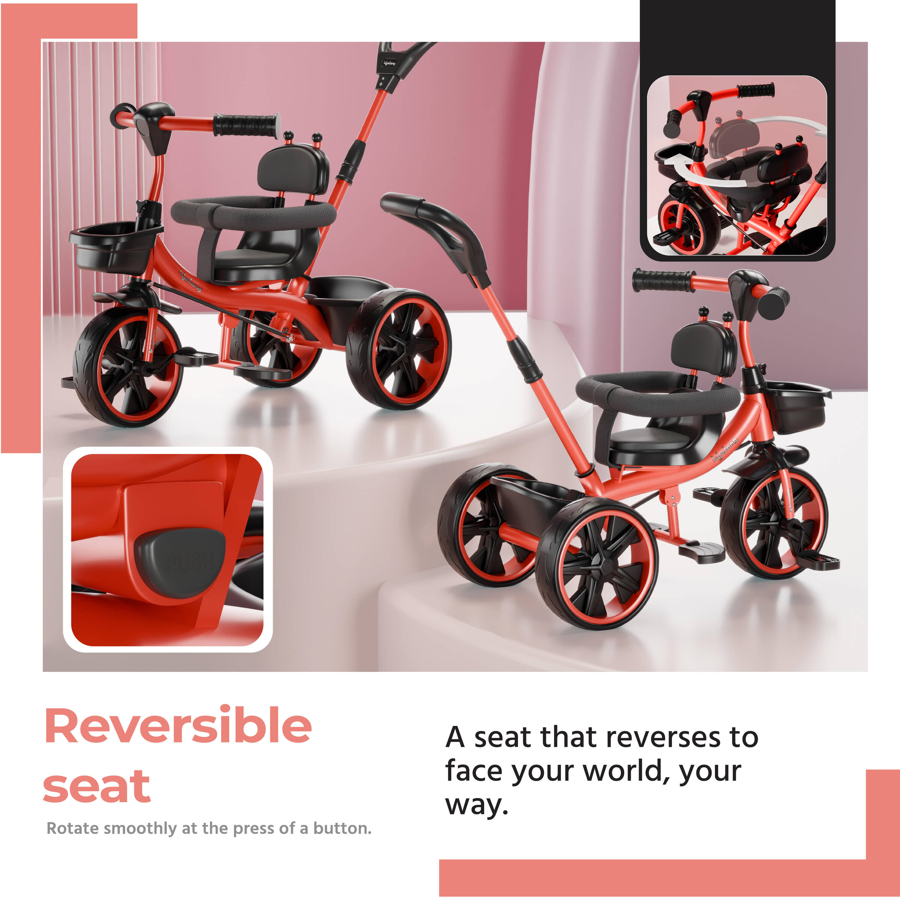 Lifelong Kids Harness Parental Control Tricycle with EVA wheels , Bell & Storage Basket|Baby Trike|Age Group 1 Years to 4 Years Carrying Capacity upto 25 kgs, Red/Black -  2