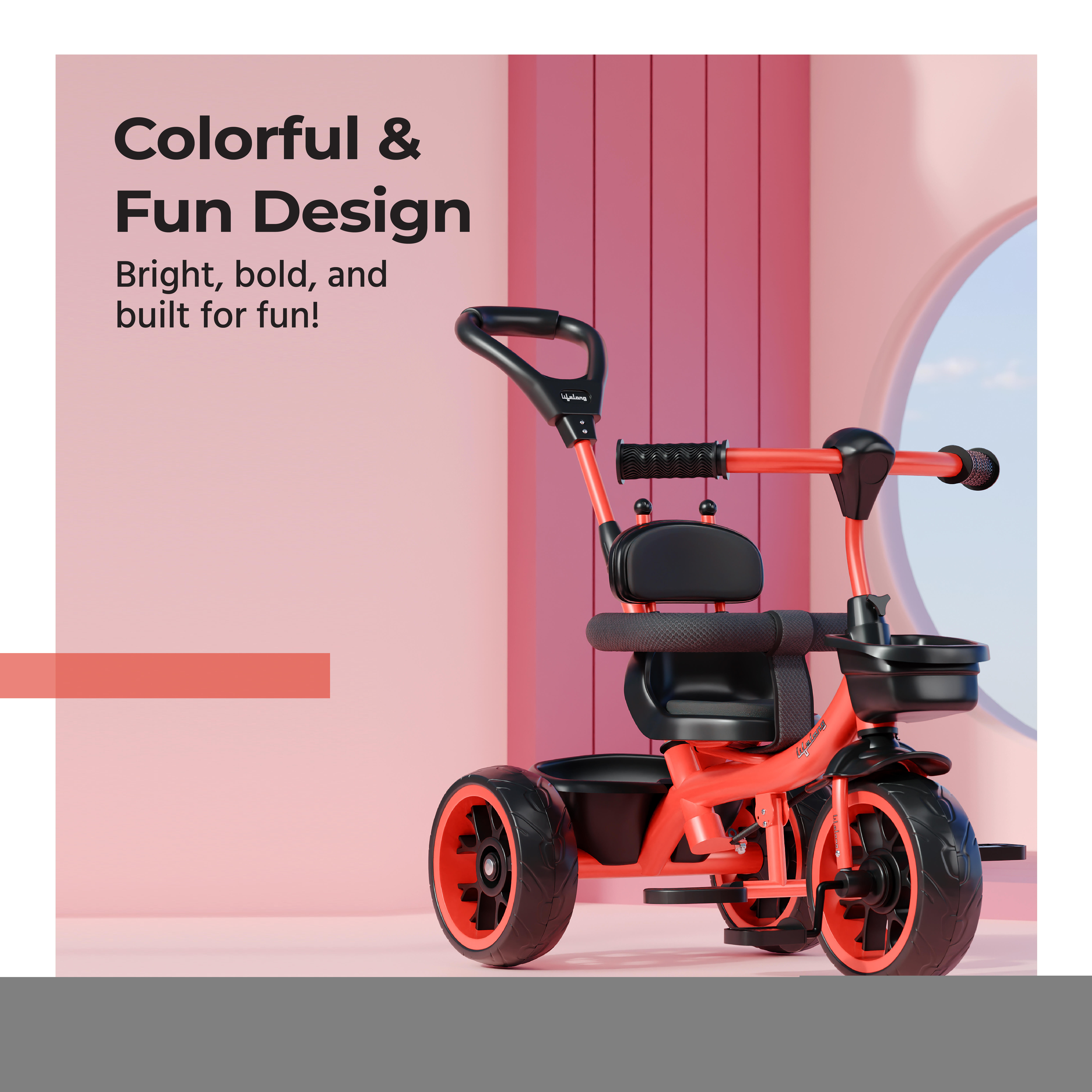 Lifelong Kids Harness Parental Control Tricycle with EVA wheels , Bell & Storage Basket|Baby Trike|Age Group 1 Years to 4 Years Carrying Capacity upto 25 kgs, Red/Black