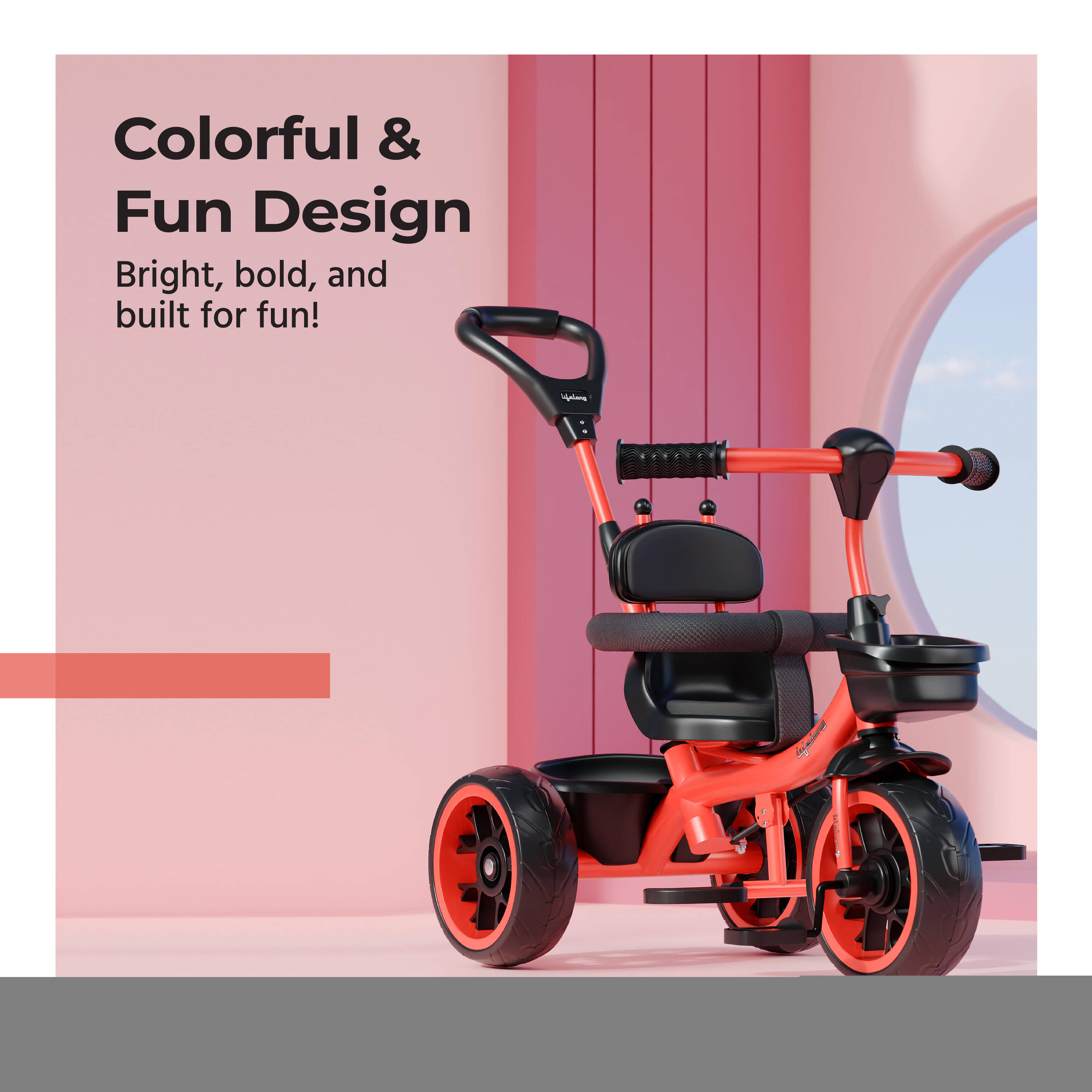 Lifelong Kids Harness Parental Control Tricycle with EVA wheels , Bell & Storage Basket|Baby Trike|Age Group 1 Years to 4 Years Carrying Capacity upto 25 kgs, Red/Black -  4